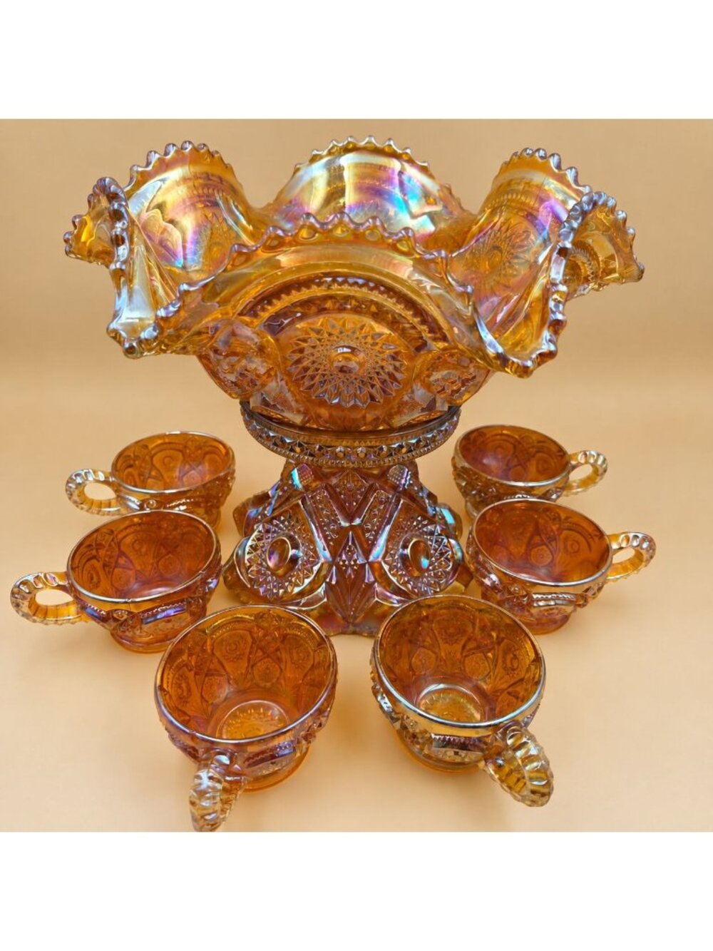 Imperial Glass Fashion Marigold Carnival Punch Bowl Stand 6 Cups Antique